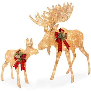 Best Choice Products 2-Piece Moose Family, Lighted Outdoor All-Weather Christmas Yard Decoration Light-Up Décor Set w/ 170 LED Lights, Ground Stakes, Zip Ties – Gold