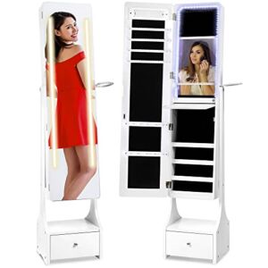 Best Choice Products Full Length Standing LED Mirror, Jewelry & Makeup Storage Cabinet Armoire w/Interior & Exterior Lights, Lockable Magnet Door, Touchscreen, Velvet Lining, Shelves, Drawer – White