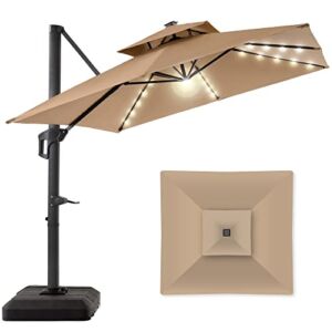 Best Choice Products 10x10ft 2-Tier Square Cantilever Patio Umbrella with Solar LED Lights, Offset Hanging Outdoor Sun Shade for Backyard w/Included Fillable Base, 360 Rotation – Tan