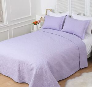 Ultrasonic Leaf Quilt Set Solid Lavender,Soft Lightweight Quilted Bedspread Set Twin Size,Breathable Coverlet -1 Quilt and 1 Sham,Reversible Bedding(Twin68 x86.Lavender)