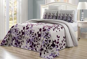 3-Piece Fine Printed Oversize (115″ X 95″) Fresca Quilt Set Reversible Bedspread Coverlet King Size Bed Cover (Purple, Grey, Vine)