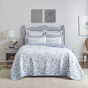 Laura Ashley Home – Twin Quilt Set, Reversible Cotton Bedding with Matching Sham, Pre-Washed Home Decor for Added Softness (Flora Blue, Twin)