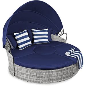 Best Choice Products 5-Piece Modular Patio Wicker Daybed Sectional Conversation Lounger Set w/ 2-in-1 Setup, Adjustable Seats, Clips, Retractable Canopy, Cover, Weather-Resistant Cushions – Navy
