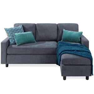 Best Choice Products Linen Sectional Sofa for Home, Apartment, Dorm, Bonus Room, Compact Spaces w/Chaise Lounge, 3-Seat, L-Shape Design, Reversible Ottoman Bench, 680lb Capacity – Blue/Gray