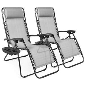 Best Choice Products Set of 2 Adjustable Steel Mesh Zero Gravity Lounge Chair Recliners w/Pillows and Cup Holder Trays – Ice Gray