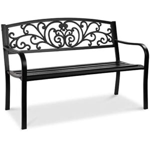 Best Choice Products Outdoor Bench Steel Garden Patio Porch Furniture for Lawn, Park, Deck w/Floral Design Backrest, Slatted Seat – Black