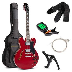 Best Choice Products Semi-Hollow Body Electric Guitar Set w/Dual Humbucker Pickups, 3-Way Pickup Selector, Case, Electronic Tuner, Capo, Strap, Picks, Cutaway Design – Red