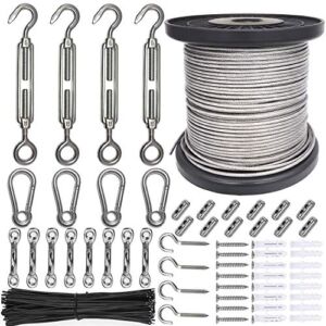 String Light Hanging Kit，Guide Wire for Outdoor String Lights ,Vinyl Coated Wire Rope Wire Cable Outdoor Light Guide Wire,Include 182fts 304 Stainless Steel Wire Cable, Turnbuckle and Hooks