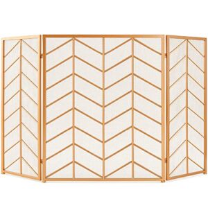 Best Choice Products 52x31in 3 Panel Chevron Fireplace Screen, Mid Century Modern Wrought Iron Hand Crafted Fire Place Guard for Living Room Home Decor, Steel Mesh – Gold
