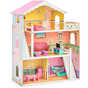 Best Choice Products 44in 3-Story Wood Dollhouse Mansion Playset, Large Open Pretend Play w/ 5 Colorful Rooms, 17 Furniture Pieces, Compatible w/ Major Brands