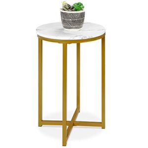 Best Choice Products 16in Side Table, Faux Marble Round End Table, Modern Small Accent Home Decor for Living Room, Dining Room, Tea, Coffee w/Metal Frame, Foot Caps, Designer – White/Bronze Gold