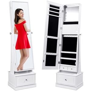 Best Choice Products 360 Swivel Mirrored Jewelry Cabinet, Full Length Armoire, LED-Lit Makeup Storage Organizer w/Internal Lights, Mirror, 3 Storage Shelves, 3 Drawers – White