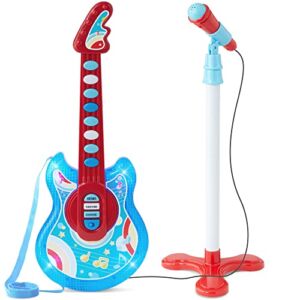 Best Choice Products 19in Kids Flash Guitar, Pretend Play Musical Instrument Toy for Toddlers w/ Mic, Stand, 8 Demo Songs, Lights & Sounds – Blue