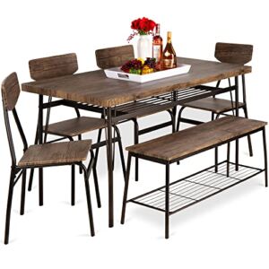 Best Choice Products 6-Piece 55in Modern Dining Set for Home, Kitchen, Dining Room w/Storage Racks, Rectangular Table, Bench, 4 Chairs, Steel Frame – Brown