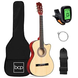 Best Choice Products Beginner Acoustic Guitar Starter Set 38in w/Case, All Wood Cutaway Design, Strap, Picks, Tuner – Natural