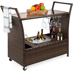 Best Choice Products Outdoor Rolling Wicker Bar Cart w/Removable Ice Bucket, Glass Countertop, Wine Glass Holders, Storage Compartments – Brown