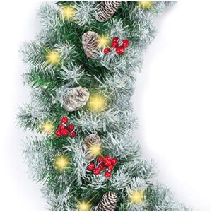 Best Choice Products 9ft Pre-Lit Holiday Pre-Decorated Christmas Garland for Stairs, Fireplace, Decoration w/ 200 PVC Tips, 50 Incandescent Lights, Partially Flocked, Pine Cones, Berries – Green/White