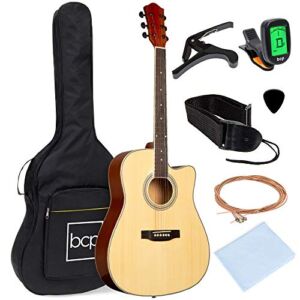 Best Choice Products 41in Beginner Acoustic Guitar Full Size All Wood Cutaway Guitar Starter Set Bundle with Case, Strap, Capo, Strings, Picks, Tuner – Natural