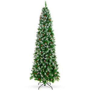 Best Choice Products 6ft Pre-Decorated Pine Hinged Artificial Slim Christmas Pencil Tree w/ 618 Flocked Frosted Tips, 30 Pine Cones, 34 Berries, Metal Base