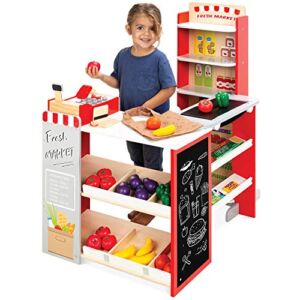 Best Choice Products Pretend Play Grocery Store Wooden Supermarket Toy Set for Kids w/ Play Food, Chalkboard, Cash Register, Working Conveyor