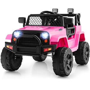 Costzon Ride on Car, 12V Battery Powered Truck Vehicle with Remote Control, Spring Suspension, Headlights, Music, Horn, MP3, USB & Aux Port, Gift for Boys Girls, Electric Car for Kids (Pink)
