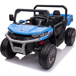 Sopbost 24V Ride On Toys for Big Kids 2 Seater Battery Powered Cars for Kids Side by Side UTV with 2x200W Motor Electric Ride On Dump Truck w/ Electric Dump Bed/Shovel, EVA Wheels, USB, AUX (Blue)