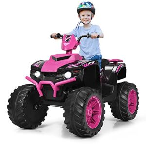 OLAKIDS 12V Kids Ride On ATV, 4 Wheeler Electric Vehicle for Toddlers, Battery Powered Motorized Quad Toy Car for Boys Girls with LED Lights, Music, Horn, High Low Speed, Soft Start (Pink)