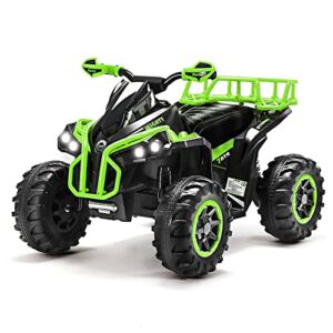 Kids Ride on ATV Toy, 12V 4 Wheeler Electric Quad Vehicle for 3-7 Year-Old Toddler, Battery Powered Motorized Quad Toy car with LED Lights, Music, Horn, High Low Speeds, USB/ MP3/TF, Green