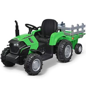 Joywhale 24V Kids Ride on Tractor with Trailer Powerful Battery Powered Motorized Electric Vehicle, with 400W Strong Engine, Remote Control, Detachable Trailer, Exhaust Pipe & Bright Headlights, Green