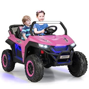 Costzon 2-Seater Ride on Car, Battery Powered Electric UTV w/ Remote Control, 4 Wheel Spring Suspension, High/ Low Speed, Storage, Music, USB Port, FM & Ambience Lights, Electric Car for Kids (Pink)