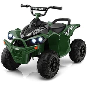 Costzon Kids ATV, 12V Battery Powered Electric Vehicle with High/Low Speed, Treaded Tires, Headlights, Horn, Music, Forward & Backward, Gift for Boys & Girls, Ride on 4 Wheeler Quad (Green)
