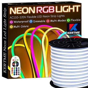 KERTME Neon Led Type AC 110-120V LED NEON Light Strip, Flexible/Waterproof/Dimmable/Multi-Colors/Multi-Modes LED Rope Light + 24 Keys Remote for Home/Garden/Building Decoration (131.2ft/40m, RGB)