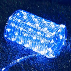 Hopolon Outdoor Rope String Lights, 4.5V Safety UL Plug Powered Waterproof Tube Light with 100 LED, 33 feet 8 Modes Copper Fairy Lights for Garden Fence Patio Yard Wedding Christmas Hall (Blue)