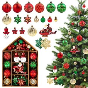 Red Green Gold Christmas Tree Ornaments -70Pcs DIKI Christmas Ornaments Set, Xmas Ball Shatterproof Decorative Assorted Hanging Baubles Pendants for Christmas Tree Party Decor Holiday Party Home