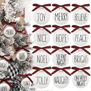 Christmas Ornaments – Xmas Tree Decorations – Set of 12 Shatterproof Bulbs with Buffalo Plaid Bows – White Holiday Balls Rustic Farmhouse Decor