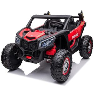 Sopbost 24V Ride On Toys for Big Kids 2 Seater 4WD Ride On Buggy UTV Ride On Car with Remote Control Battery Powered Electric Car for Kids with Spring Suspension, Music, USB, AUX (Red and Black)