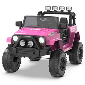 Blitzshark 12V Kids Ride on Truck Car Battery Powered Motorized Electric Vehicle for Kids Ages 37-72 Months, with 2.4G Remote Control, Metal Suspension, Safety Belt, Music & Bright Headlights, Pink