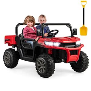 Costzon 2-Seater Ride on Car, Dump Truck w/ Remote Control, Electric Dump Bed, Shovel, USB, AUX, Music, Rocking Function, Spring Suspension, 12V Battery Powered Off-Road UTV, Kids Car to Drive (Red)