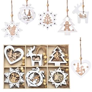 IDATOO Christmas Tree Ornaments Set of 24 Wooden Craved Hanging Craft Decorations for Winter Wonderland, 3D Rustic Farmhouse Christmas Ornaments Holiday Decor for Christmas Tree Home Office (White)