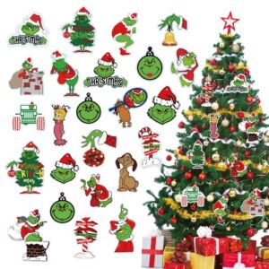 24PCS Grinch Christmas Tree Decorations Green Xmas Hanging Ornament for Christmas Tree Ideas Holiday Decor