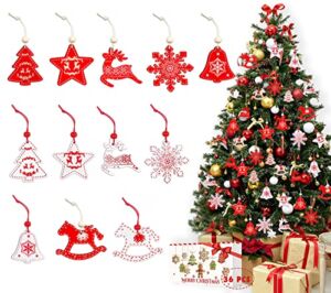36 Pcs Christmas Tree Ornaments Wooden Christmas Hangings Decorations Snowflakes Reindeer Bells Wood Slices Xmas Decor Set Indoor Outdoor Crafts Decoration for Party Home Holiday, Whitr & Red