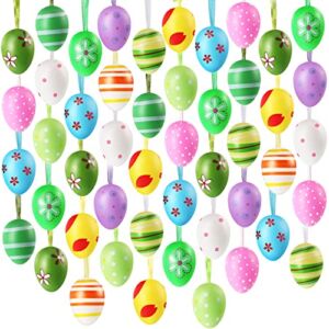 48 Pieces Easter Egg Hanging Ornaments Easter Plastic Ornaments Colorful Eggs Easter Decorations Stripes Dots Flowers Style Mini Tree Ornaments Decorative Tree Ornaments for Holidays, Easter, Spring