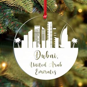 United Arab Emirates Dubai Xmas Tree Ornaments, Cityscape Custom Acrylic Ornament, Hanging Keepsake 3″, City Silhouette Ornament Gift for Family Friend Holiday Home Party Decor