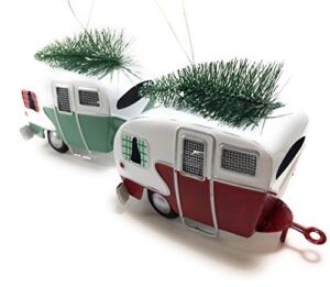 Kurt Adler Red and Green Campers Hauling Trees Tin Christmas Holiday Ornaments Set of 2