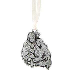 Silver Metal Engraved Holy Family Nativity Antique Christmas Hanging Ornament with a Beautiful Design and White Ribbon-Seasonal Holiday Decorations Hanging Ornament
