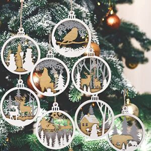 winemana 8 Pcs Christmas Farmhouse Rustic Hanging Ornaments Set for Christmas Tree Decorations, Round Wooden Winter Woodland Santa Reindeer Snowman Holiday Xmas Decoration Gifts
