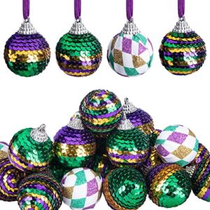 Deloky 24 PCS Mardi Gras Sequin Ball Ornaments-1.5 Inch Mardi Gras Shatterproof Hanging Ball-Purple Green Gold Tree Ornaments for Mardi Gras Holiday New Orleans Masquerade Party Decorations