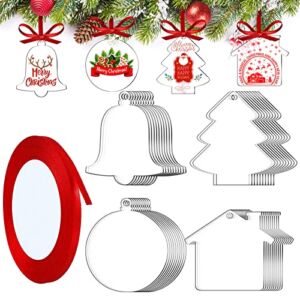 40 Pieces Acrylic Christmas Ornament Xmas Acrylic Ornament DIY Blank Christmas Tree Decoration with 2 Paint Pen and 5 Meter Red White Ribbon for Christmas Tree Party Holiday Decoration (Clear)