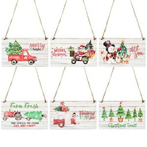WATINC 6pcs Christmas Tree Wooden Ornaments Hanging Sign Rustic Red Truck Farmhouse Vintage Christmas Decorations, Xmas Wood Crafts Gift Tags, Winter Party Supplies Favors Decor for Wall Home Door