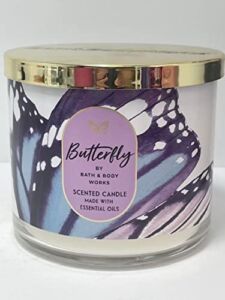 Bath and Body Works Butterfly 3 Wick Candle 14.5 Ounce Made with Essential Oils Purple and Blue Butterflies Label